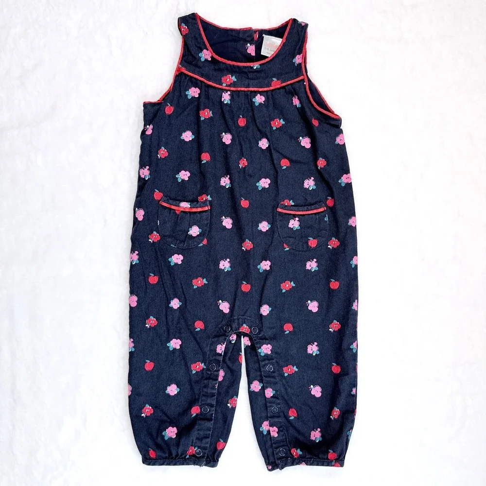 Gymboree Denim 2016 Romper Baby Girl 3-6 Months Navy Blue Floral Apple Y2K